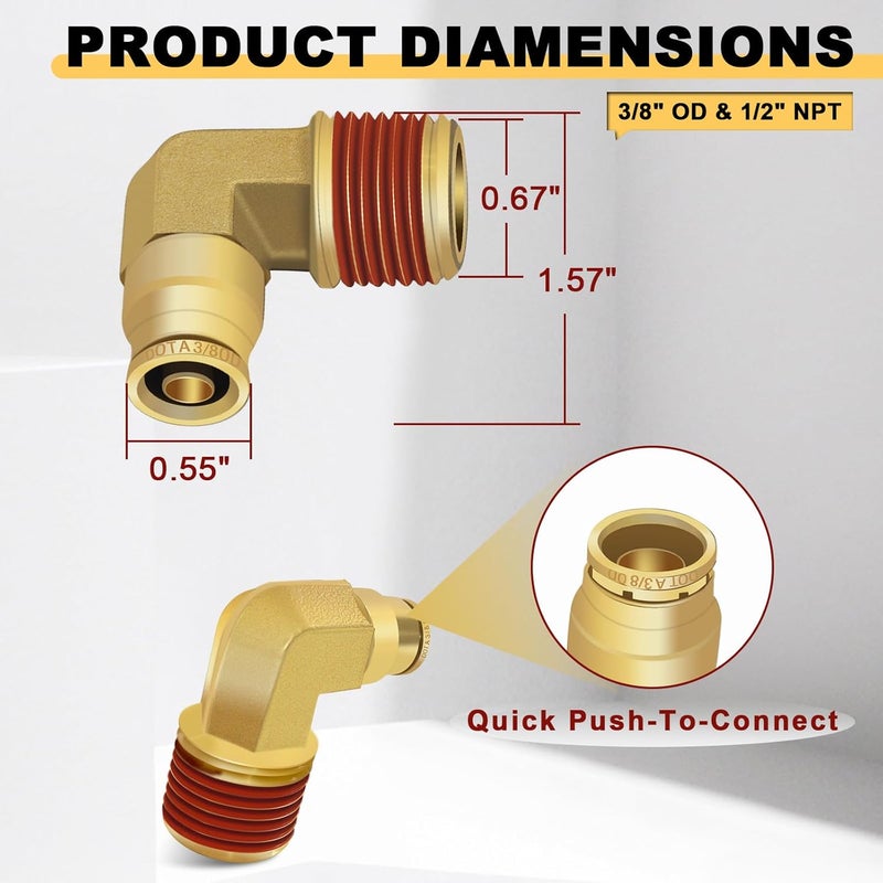Siptenk 3/8" Elbow DOT Brass Push to Connect Air Line Fittings 5 PCS, 3/8" OD Tube x 1/2" NPT Thread Air Brake Line Quick Connect Fittings for Truck Trailers Industry Air System - Image 5